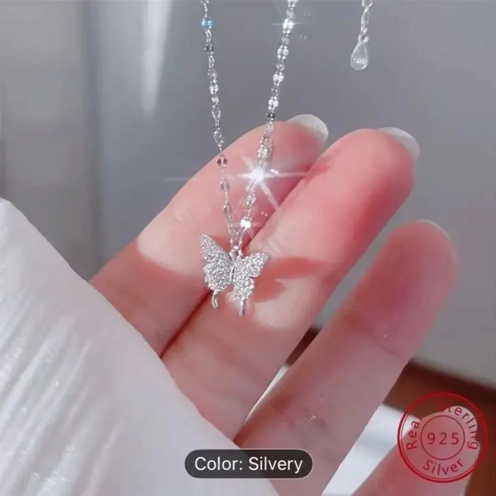 Necklace sterling silver butterfly with crystals new